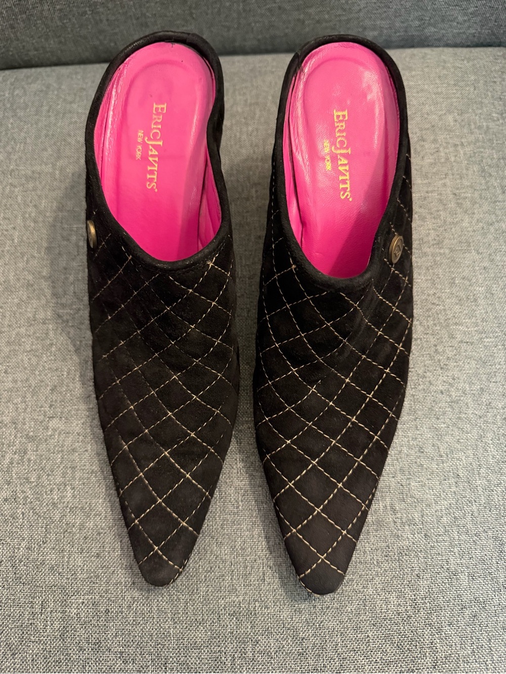 Eric Javits Black Quilted Pointed Mule with Pink Insole